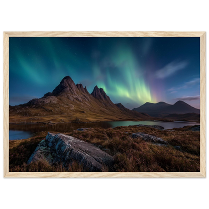 Green and violet northern lights over a Highland glen, framed in pale natural wood