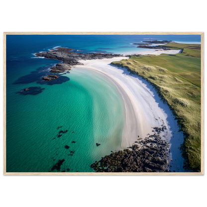 Aerial coastal scene in turquoise, white and green, print in a dark frame