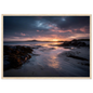 Moody seascape sunset with seaweed rocks, in a dark grey frame