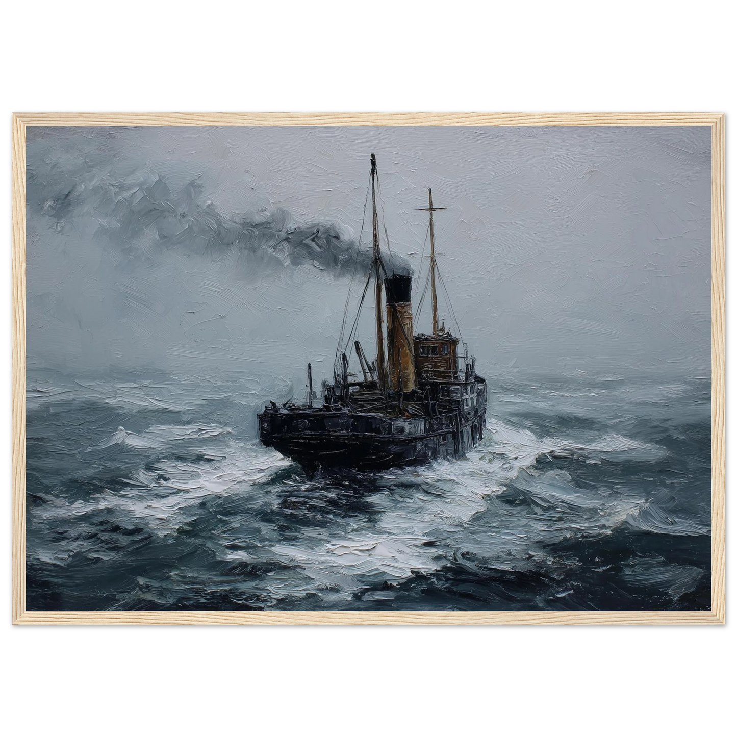 Small steam puffer in a stormy sea, impasto oil painting, framed in pale oak