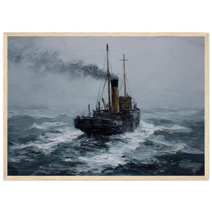 Small steam puffer in a stormy sea, impasto oil painting, framed in pale oak