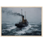Small steam puffer in a stormy sea, impasto oil painting, framed in pale oak