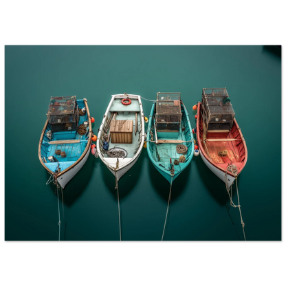 Fishing boats and mooring lines seen from the air, print in a slim dark frame