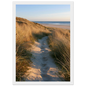 Sand track through amber marram grass to an empty beach at golden hour, print in a white frame