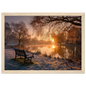 Frosted park lake at winter sunrise with an empty bench on the bank, print in a natural light wood frame