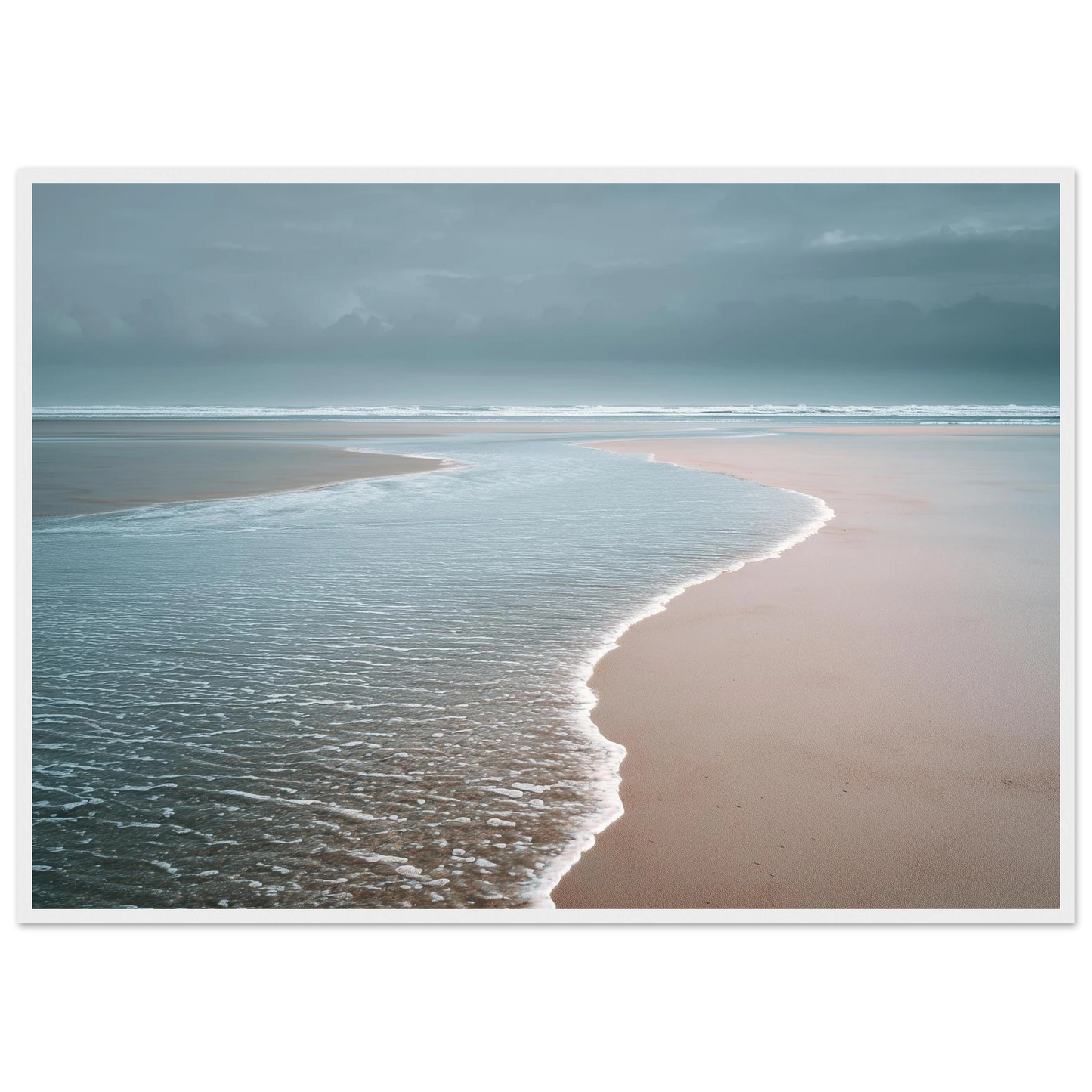 Minimalist beach print in muted blue and pink, in a white frame