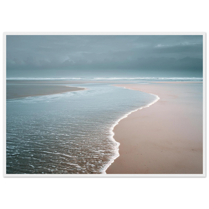 Minimalist beach print in muted blue and pink, in a white frame