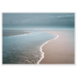 Minimalist beach print in muted blue and pink, in a white frame