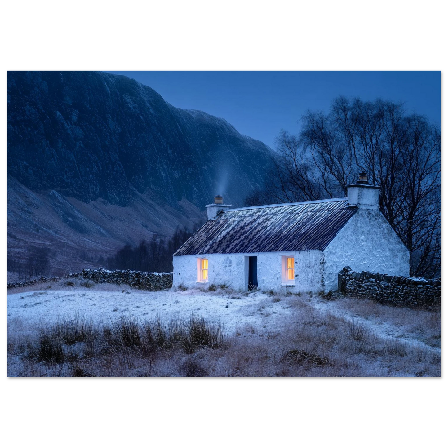 Snow scene with a lit Highland croft, in a slim dark frame