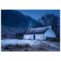 Snow scene with a lit Highland croft, in a slim dark frame