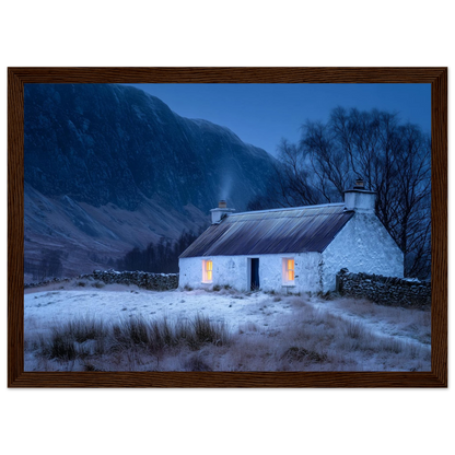 Winter croft at dusk, framed in a wide dark brown wood frame