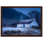 Winter croft at dusk, framed in a wide dark brown wood frame