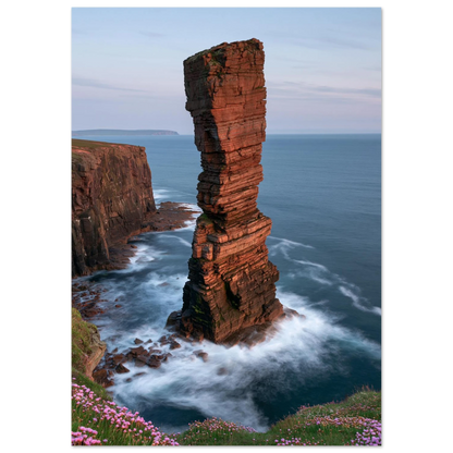 Red sandstone sea stack at last light with white water swirling at its base, unframed print