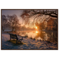 Frosted park lake at winter sunrise with an empty bench on the bank, print in a dark brown wood frame