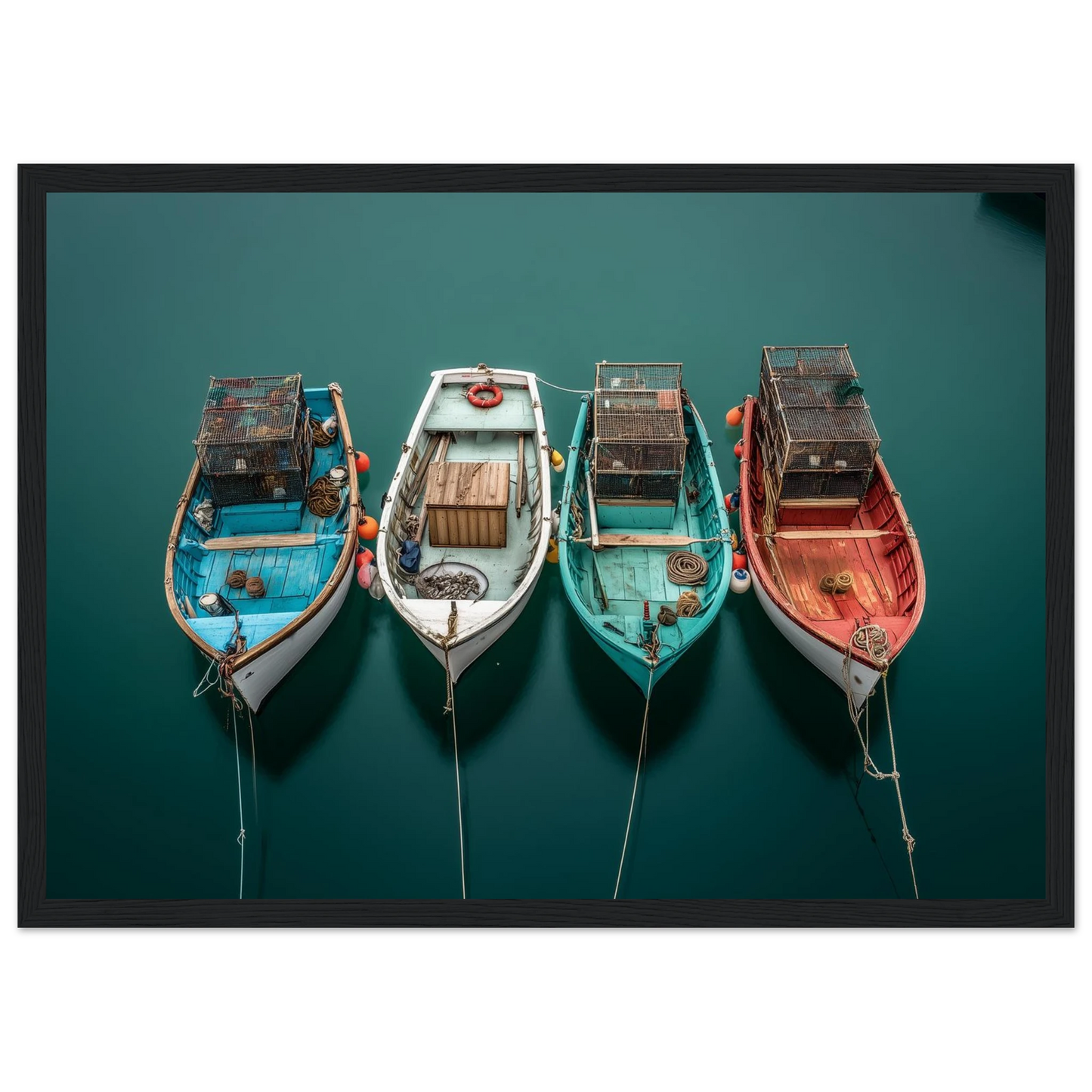 Four coloured boat hulls on still water, print in a slim dark frame