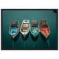 Four coloured boat hulls on still water, print in a slim dark frame