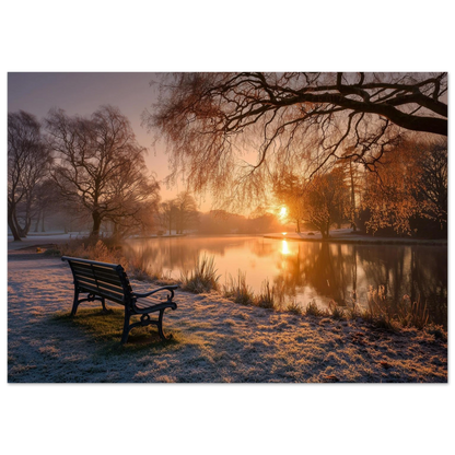 Frosted park lake at winter sunrise with an empty bench on the bank, unframed print