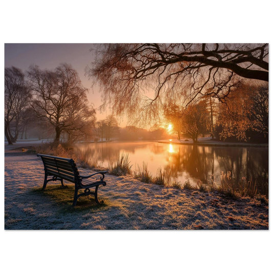 Frosted park lake at winter sunrise with an empty bench on the bank, unframed print