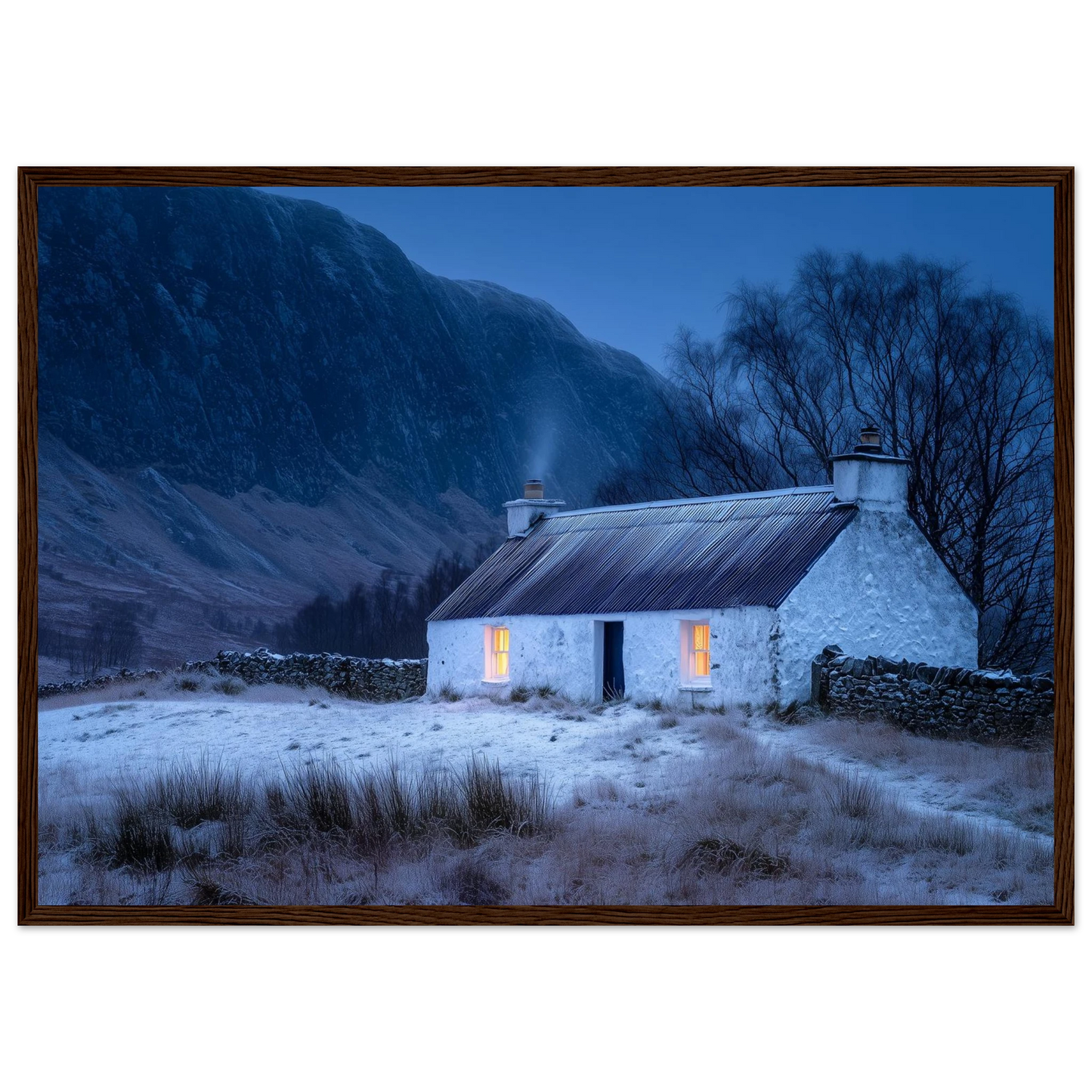 Snowy Highland cottage at blue hour, in a warm brown wood frame