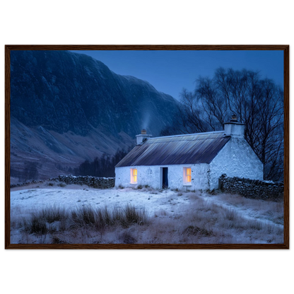 Snowy Highland cottage at blue hour, in a warm brown wood frame