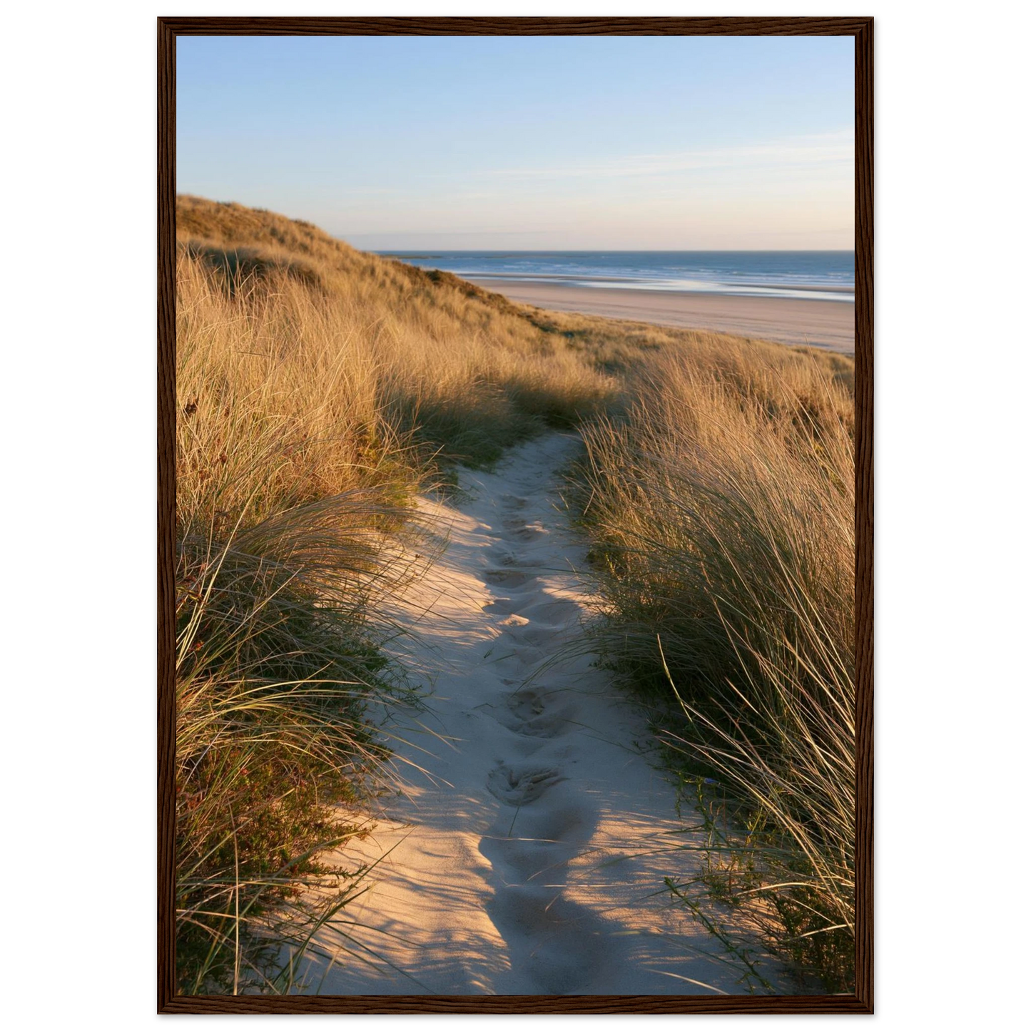 Sand track through amber marram grass to an empty beach at golden hour, print in a dark brown wood frame