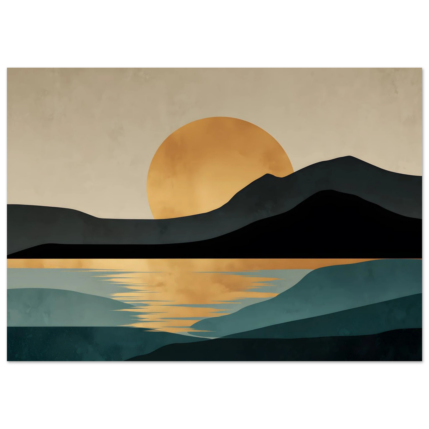 Mid-century modern landscape poster of a gold sun setting behind a dark headland, shown framed