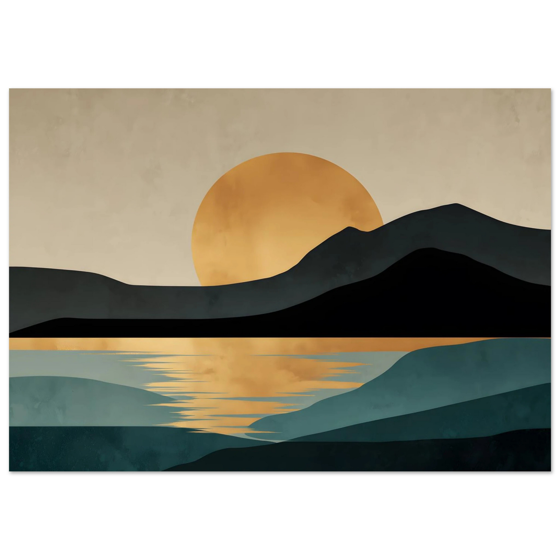 Mid-century modern landscape poster of a gold sun setting behind a dark headland, shown framed