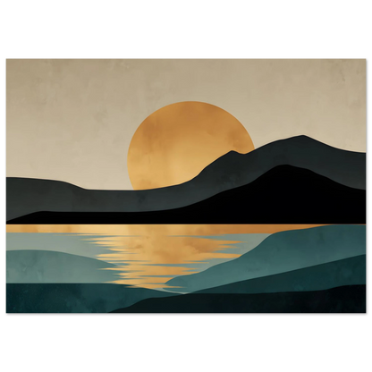 Mid-century modern landscape poster of a gold sun setting behind a dark headland, shown framed