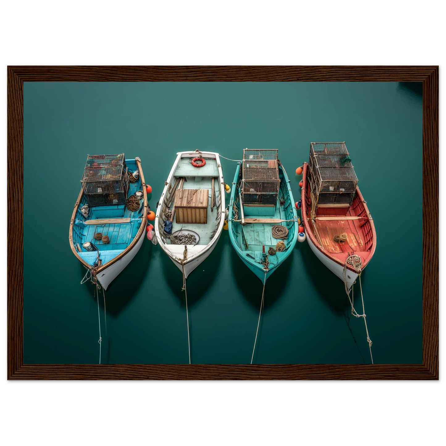 Small working boats from above on teal water, framed in dark brown wood