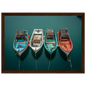 Small working boats from above on teal water, framed in dark brown wood