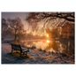 Frosted park lake at winter sunrise with an empty bench on the bank, unframed print