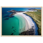 White sand beach and turquoise sea on a Scottish island, framed in light natural wood