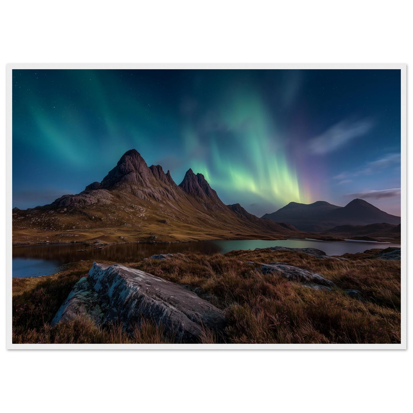 Mirrie Dancers over a still Scottish loch, framed in white