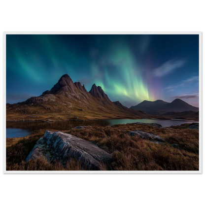 Mirrie Dancers over a still Scottish loch, framed in white