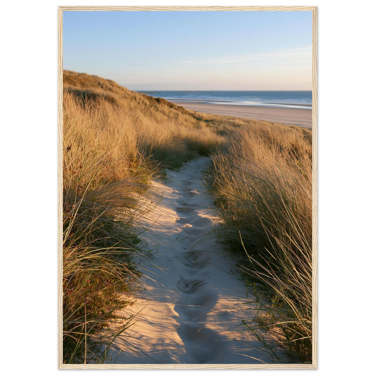 Sand track through amber marram grass to an empty beach at golden hour, print in a natural light wood frame