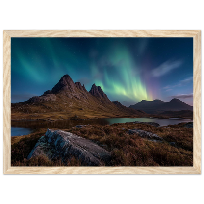 Northern lights over a Highland loch, framed in pale oak with a wide mount