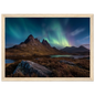 Northern lights over a Highland loch, framed in pale oak with a wide mount