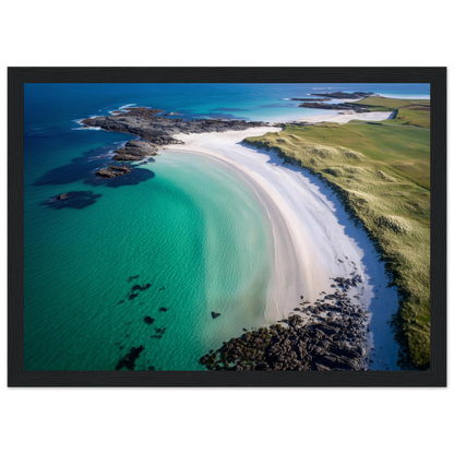 Turquoise shallows meeting white shell sand, framed in black