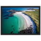 Turquoise shallows meeting white shell sand, framed in black