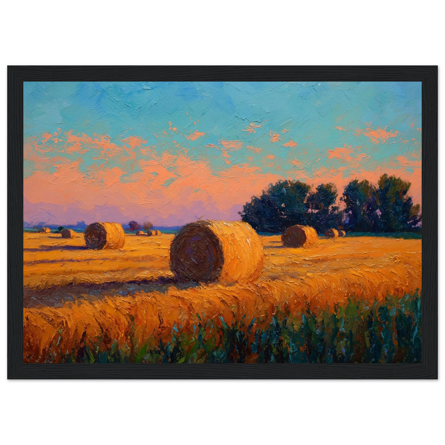 Round bales in a golden field under turquoise and peach sky, framed in charcoal