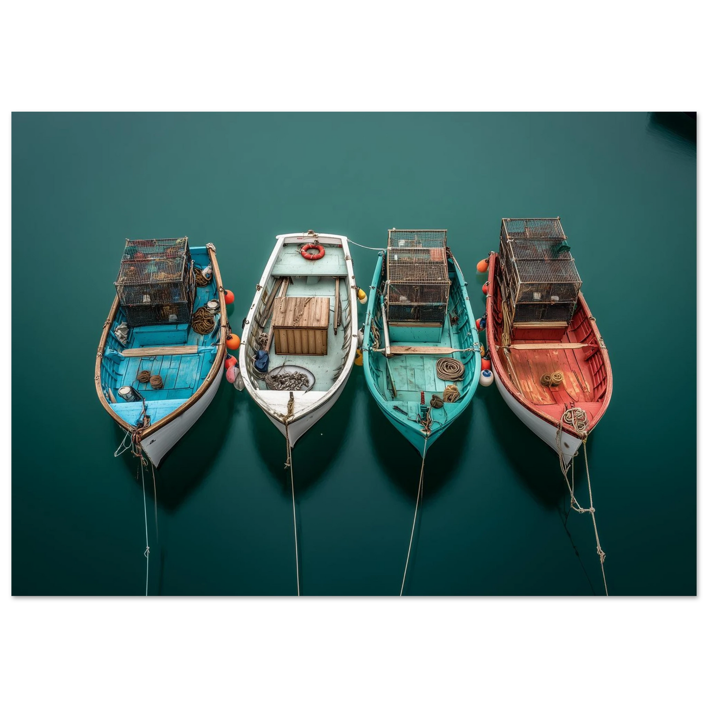Four painted boats from above on dark green water, print in a dark frame
