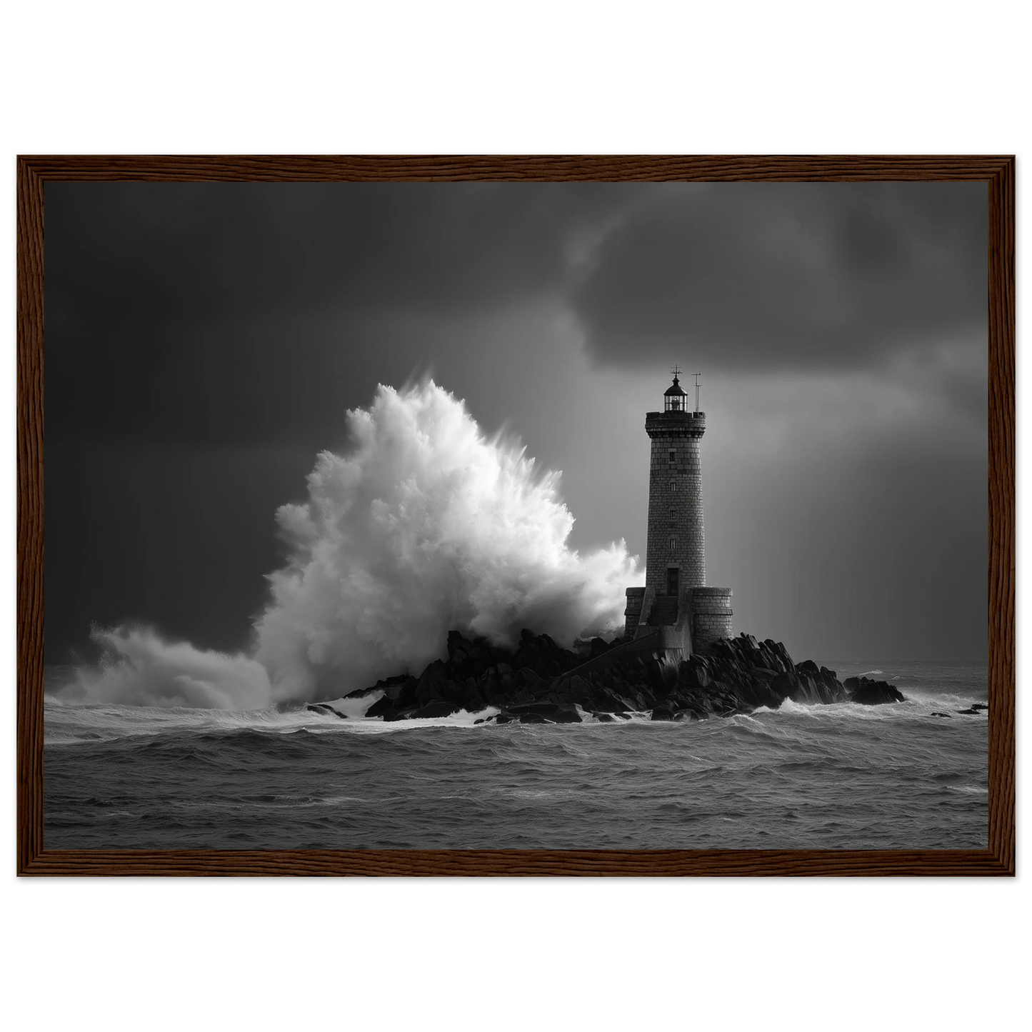 Wave bursting at a lighthouse tower, framed in dark brown wood