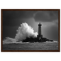 Wave bursting at a lighthouse tower, framed in dark brown wood