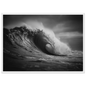 Black and white breaking wave, framed in white with a wide mount