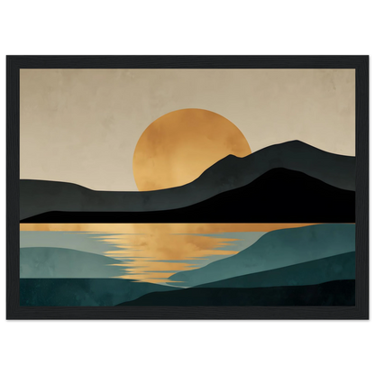 Gold sun over still teal water minimalist print in a black frame, A3 size