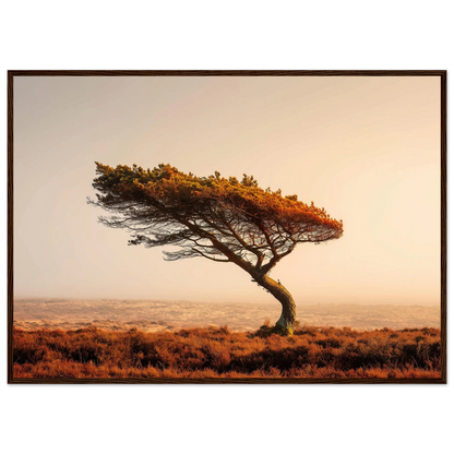 Wind-bent pine at first light, poster in a warm brown wood frame