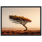 Minimalist wind-bent pine print in a black frame, amber and rust palette