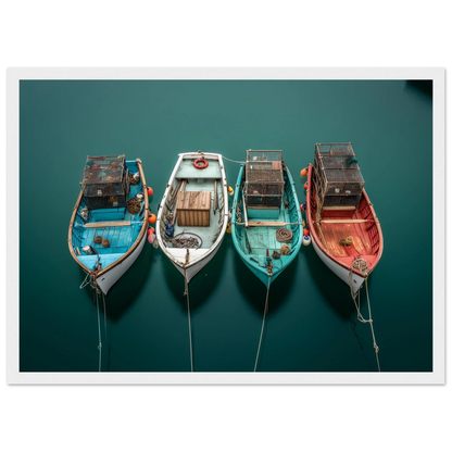 Four boats on their moorings, aerial view, print in a white frame