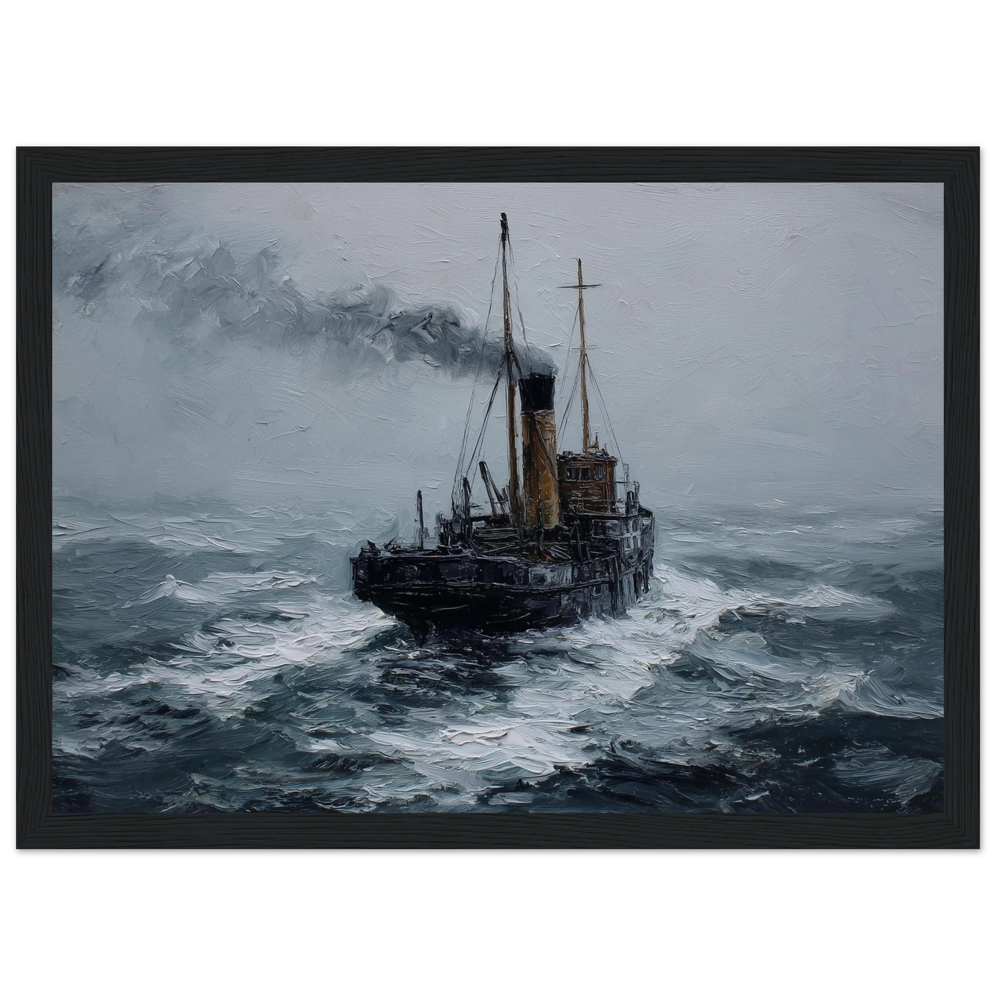 Small working steamer in a storm, framed in black