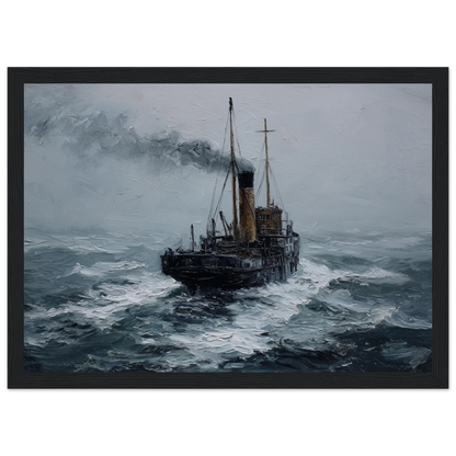 Small working steamer in a storm, framed in black